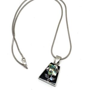 Taxco Sterling Silver Necklace with Black Onyx and Abalone Flower Inlay Pendant